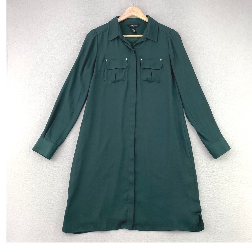 White House Black Market Shirt Dress Women 0 Green Long Sleeve Career Office